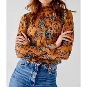 NWOT Free People Hello There Smocked Lettuce Edge Sheer Top Women's XS